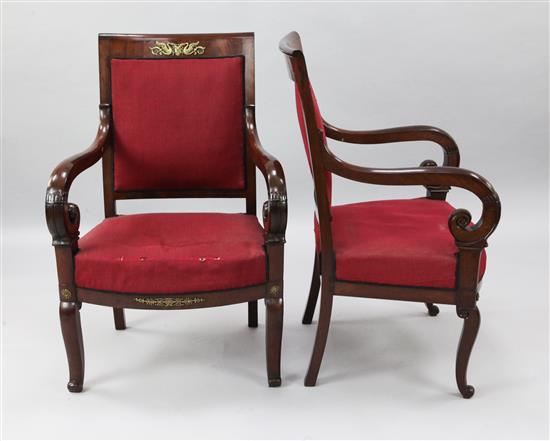 A pair of Charles X mahogany armchairs, H.3ft